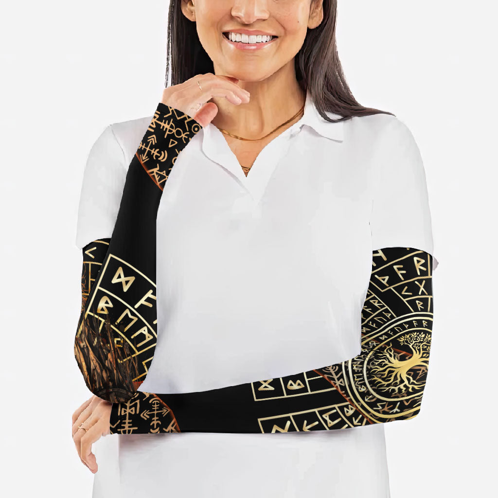 Viking Shieldmaiden and Yggdrasil Arm Sleeves Norse Rune Circle Mythology Illustration