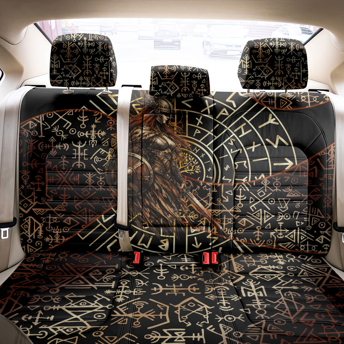 Viking Shieldmaiden and Yggdrasil Back Car Seat Cover Norse Rune Circle Mythology Illustration