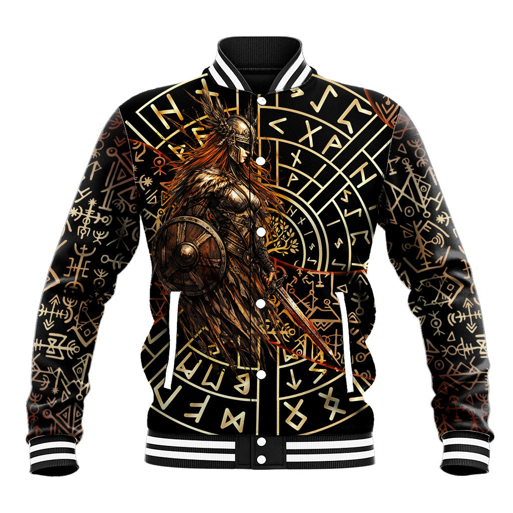 Viking Shieldmaiden and Yggdrasil Baseball Jacket Norse Rune Circle Mythology Illustration
