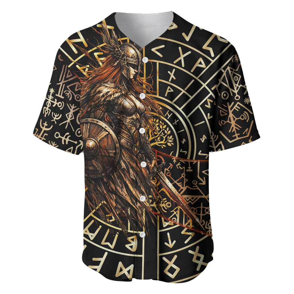 Viking Shieldmaiden and Yggdrasil Baseball Jersey Norse Rune Circle Mythology Illustration