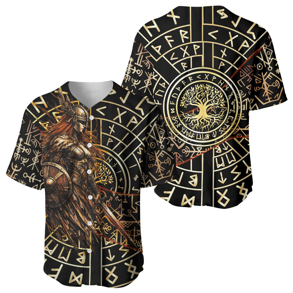 Viking Shieldmaiden and Yggdrasil Baseball Jersey Norse Rune Circle Mythology Illustration