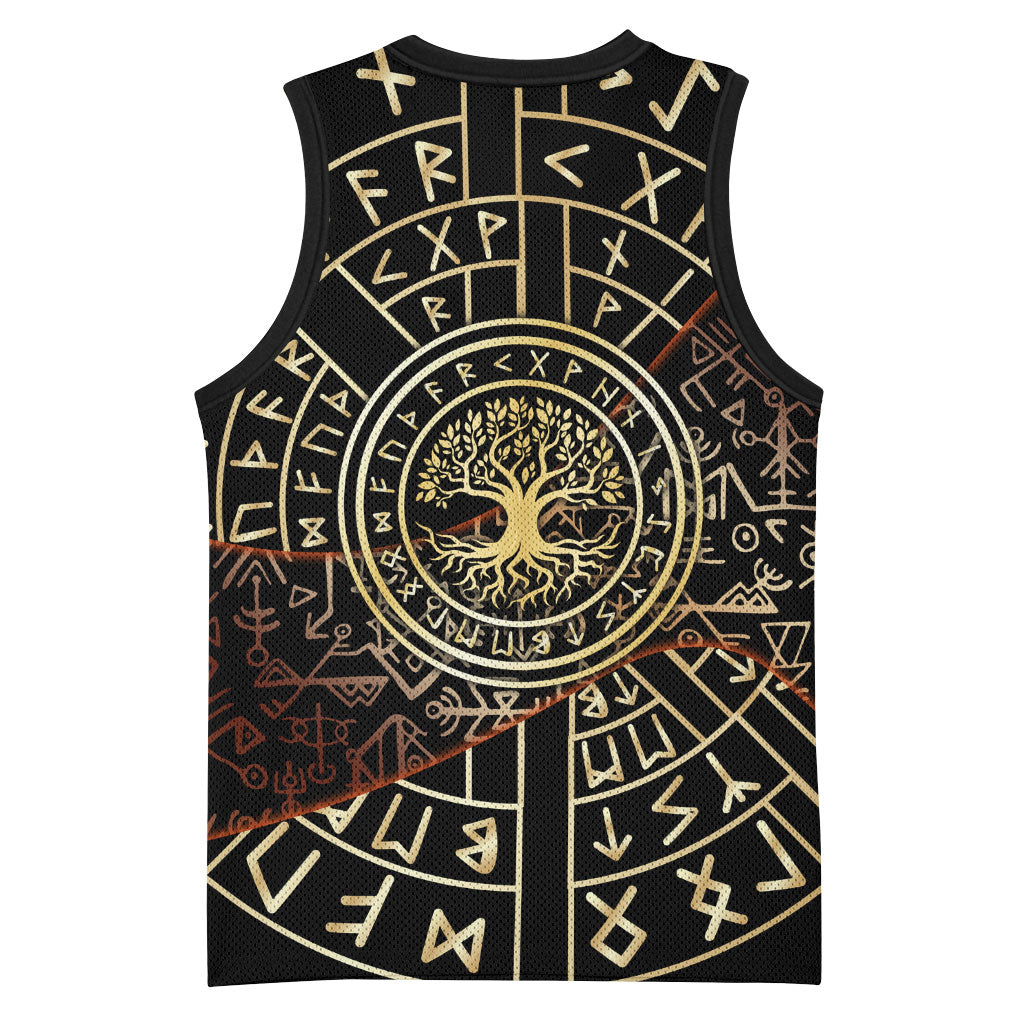 Viking Shieldmaiden and Yggdrasil Basketball Jersey Norse Rune Circle Mythology Illustration