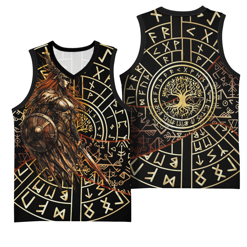 Viking Shieldmaiden and Yggdrasil Basketball Jersey Norse Rune Circle Mythology Illustration