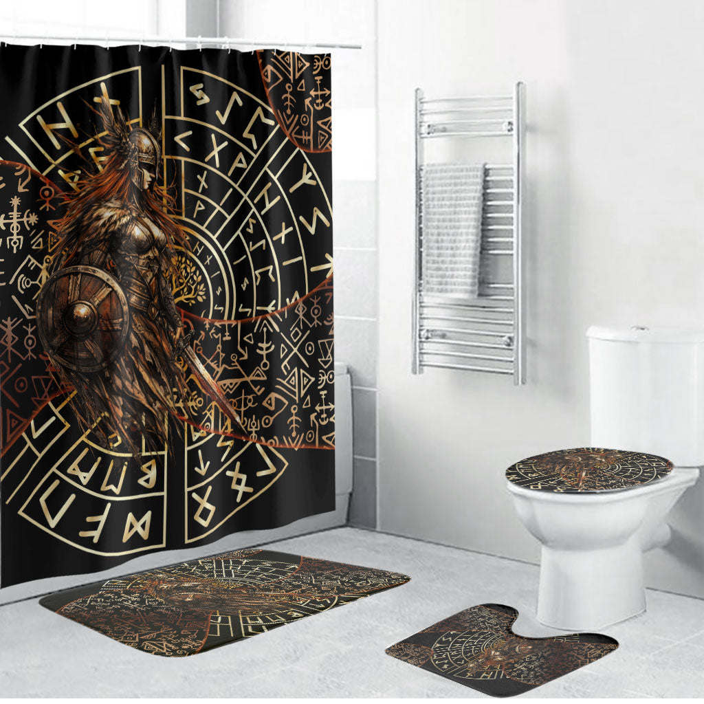 Viking Shieldmaiden and Yggdrasil Bathroom Set Norse Rune Circle Mythology Illustration