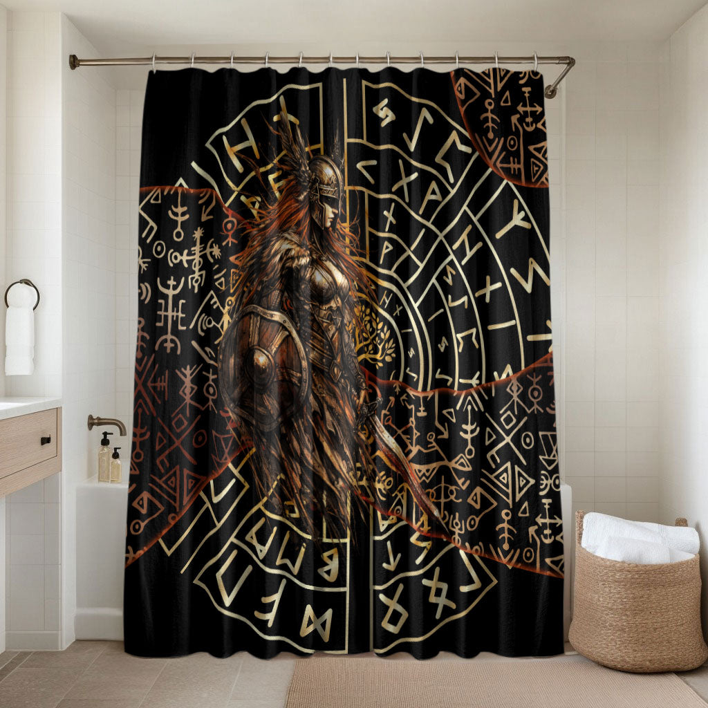 Viking Shieldmaiden and Yggdrasil Bathroom Set Norse Rune Circle Mythology Illustration