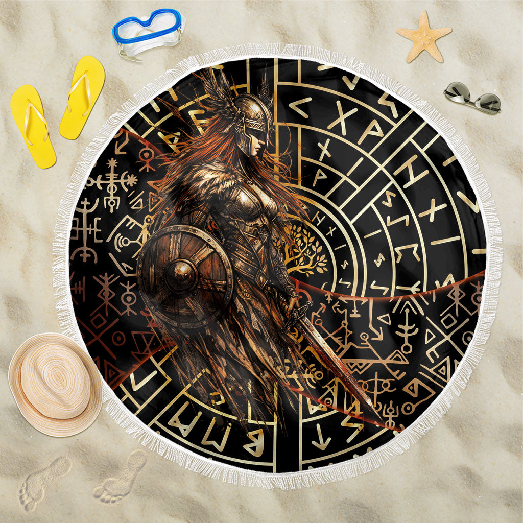 Viking Shieldmaiden and Yggdrasil Beach Blanket Norse Rune Circle Mythology Illustration