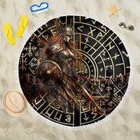 Viking Shieldmaiden and Yggdrasil Beach Blanket Norse Rune Circle Mythology Illustration