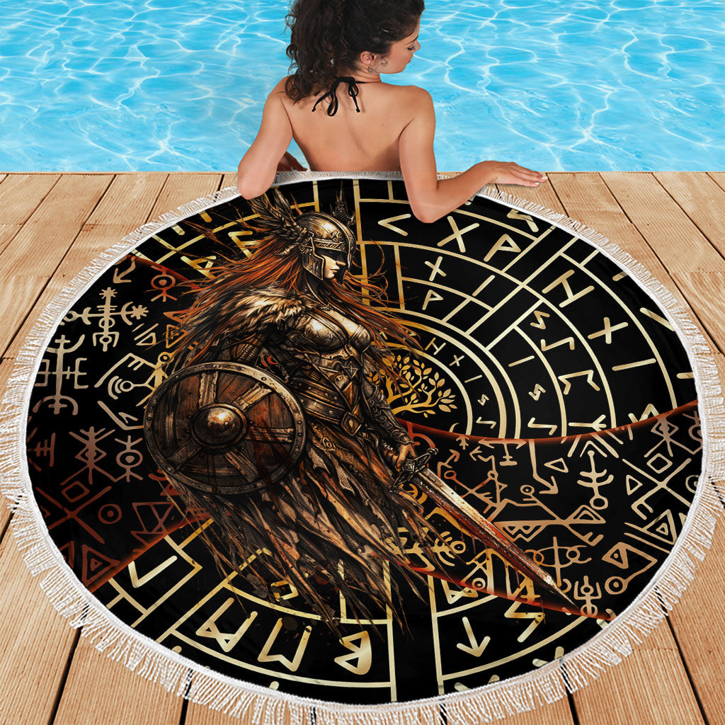 Viking Shieldmaiden and Yggdrasil Beach Blanket Norse Rune Circle Mythology Illustration