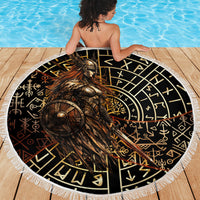 Viking Shieldmaiden and Yggdrasil Beach Blanket Norse Rune Circle Mythology Illustration