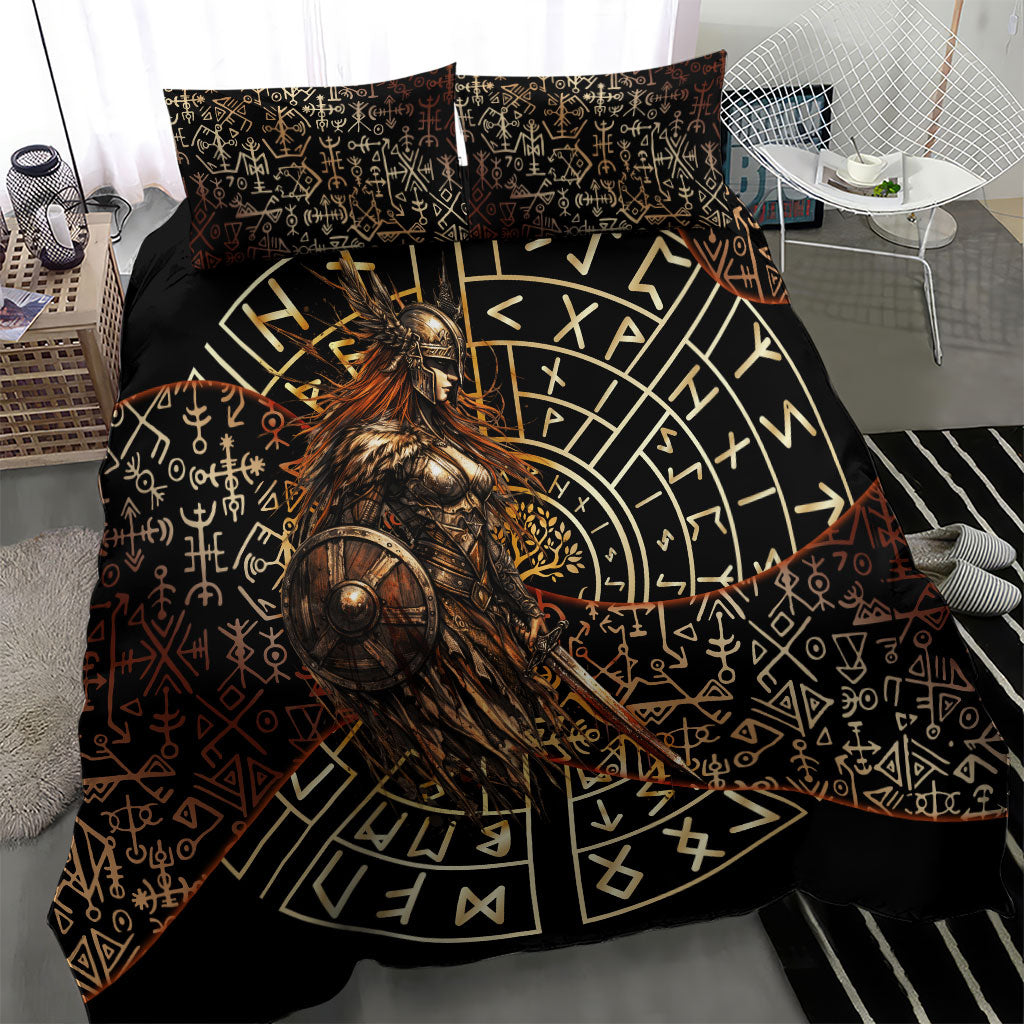 Viking Shieldmaiden and Yggdrasil Bedding Set Norse Rune Circle Mythology Illustration