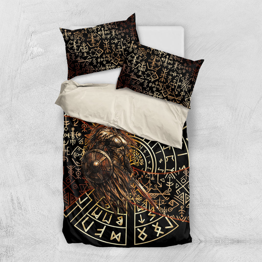 Viking Shieldmaiden and Yggdrasil Bedding Set Norse Rune Circle Mythology Illustration