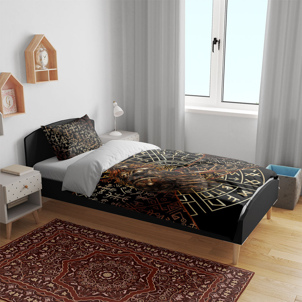 Viking Shieldmaiden and Yggdrasil Bedding Set Norse Rune Circle Mythology Illustration