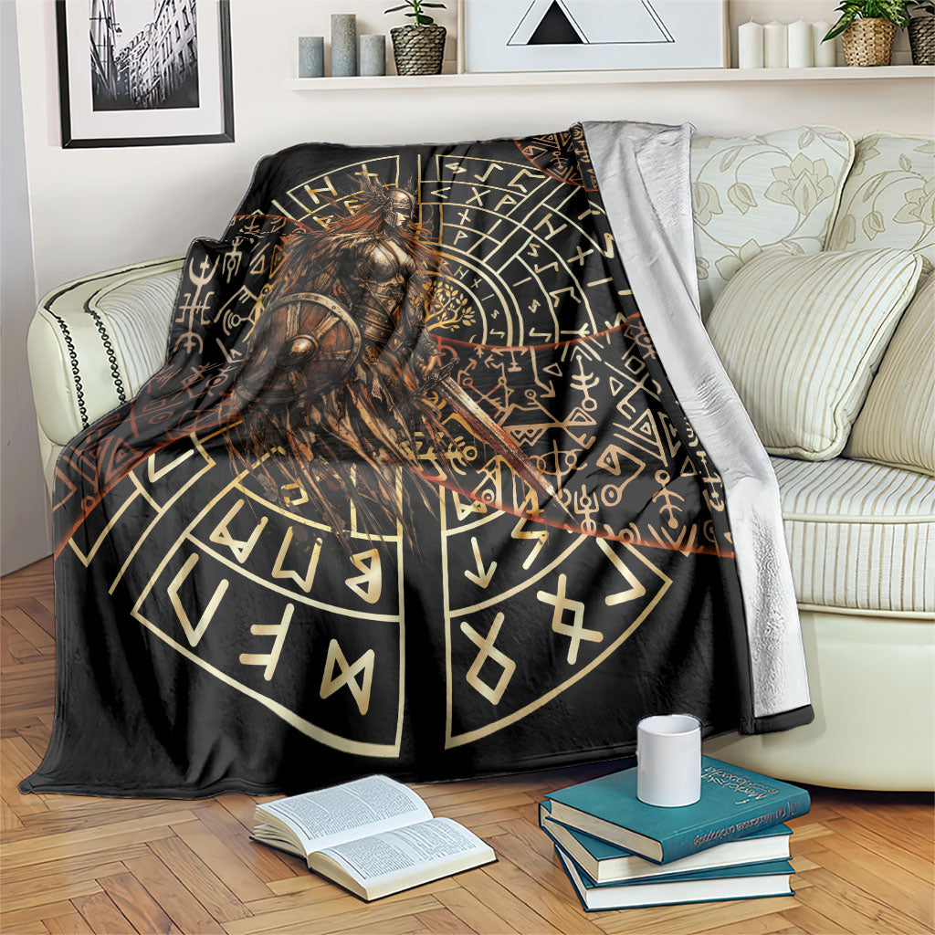 Viking Shieldmaiden and Yggdrasil Blanket Norse Rune Circle Mythology Illustration