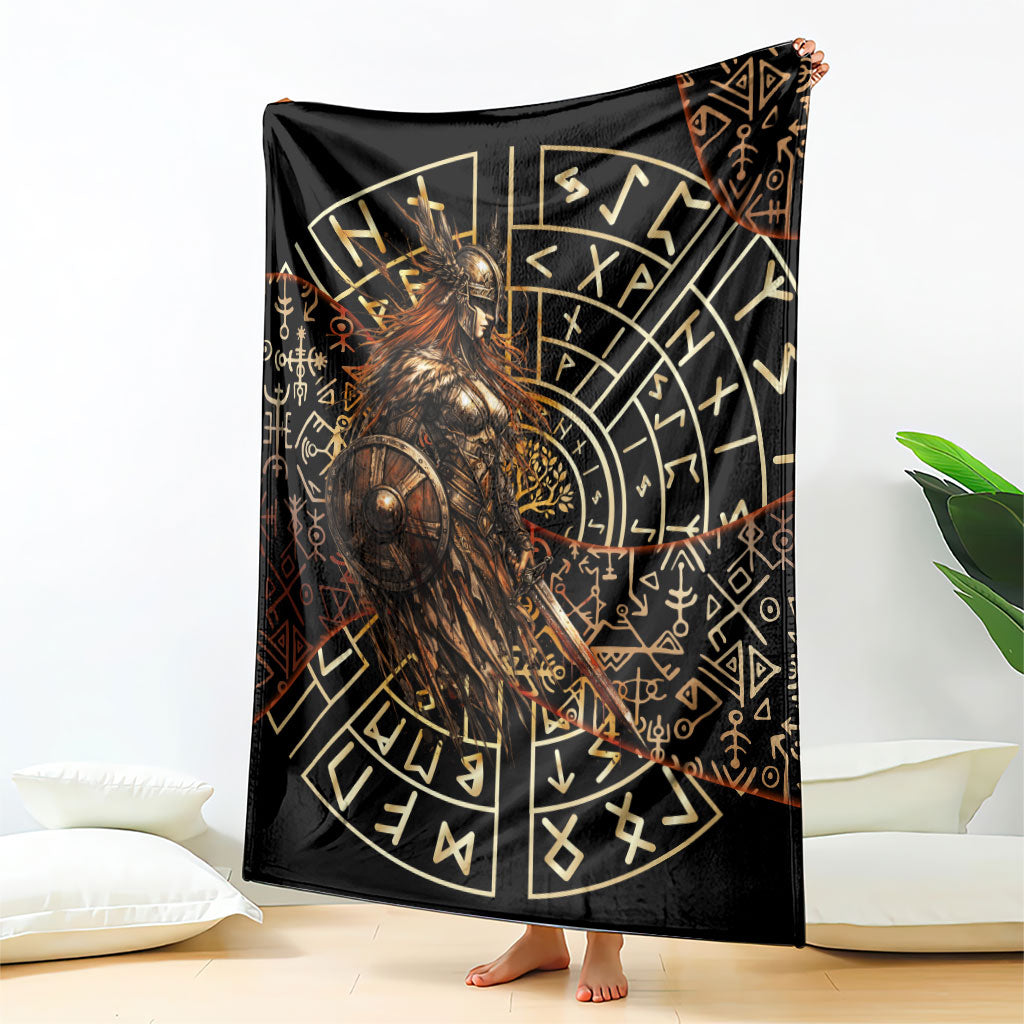 Viking Shieldmaiden and Yggdrasil Blanket Norse Rune Circle Mythology Illustration