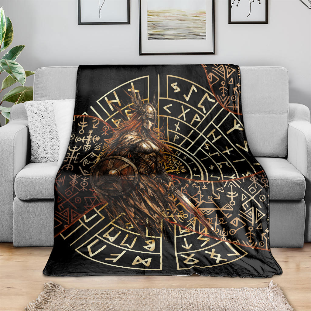 Viking Shieldmaiden and Yggdrasil Blanket Norse Rune Circle Mythology Illustration
