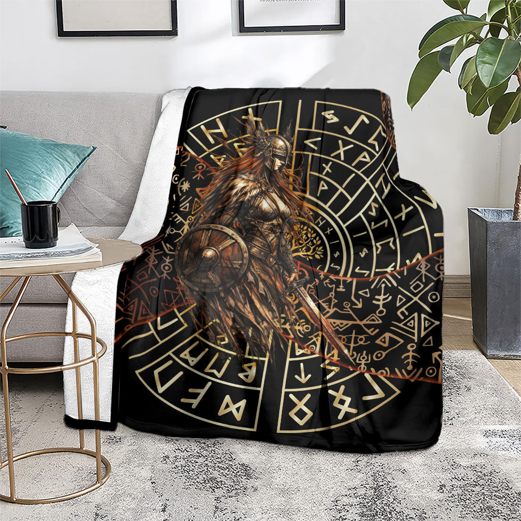 Viking Shieldmaiden and Yggdrasil Blanket Norse Rune Circle Mythology Illustration