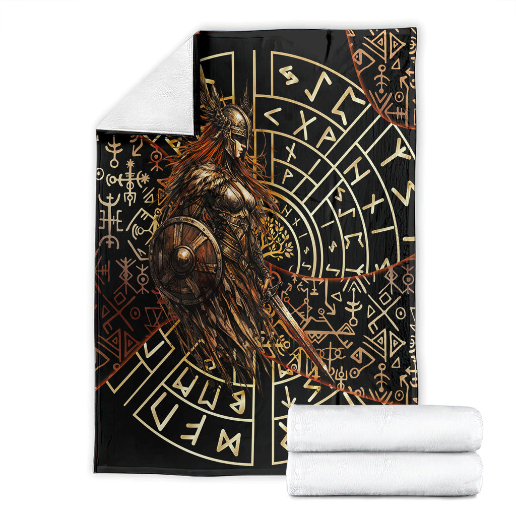 Viking Shieldmaiden and Yggdrasil Blanket Norse Rune Circle Mythology Illustration