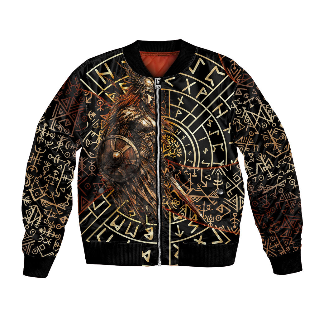 Viking Shieldmaiden and Yggdrasil Bomber Jacket Norse Rune Circle Mythology Illustration