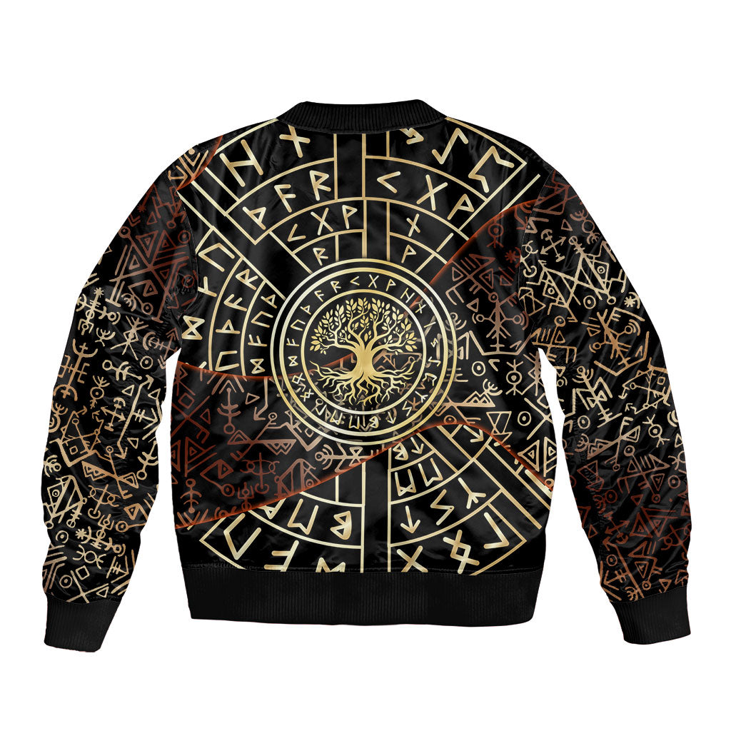 Viking Shieldmaiden and Yggdrasil Bomber Jacket Norse Rune Circle Mythology Illustration