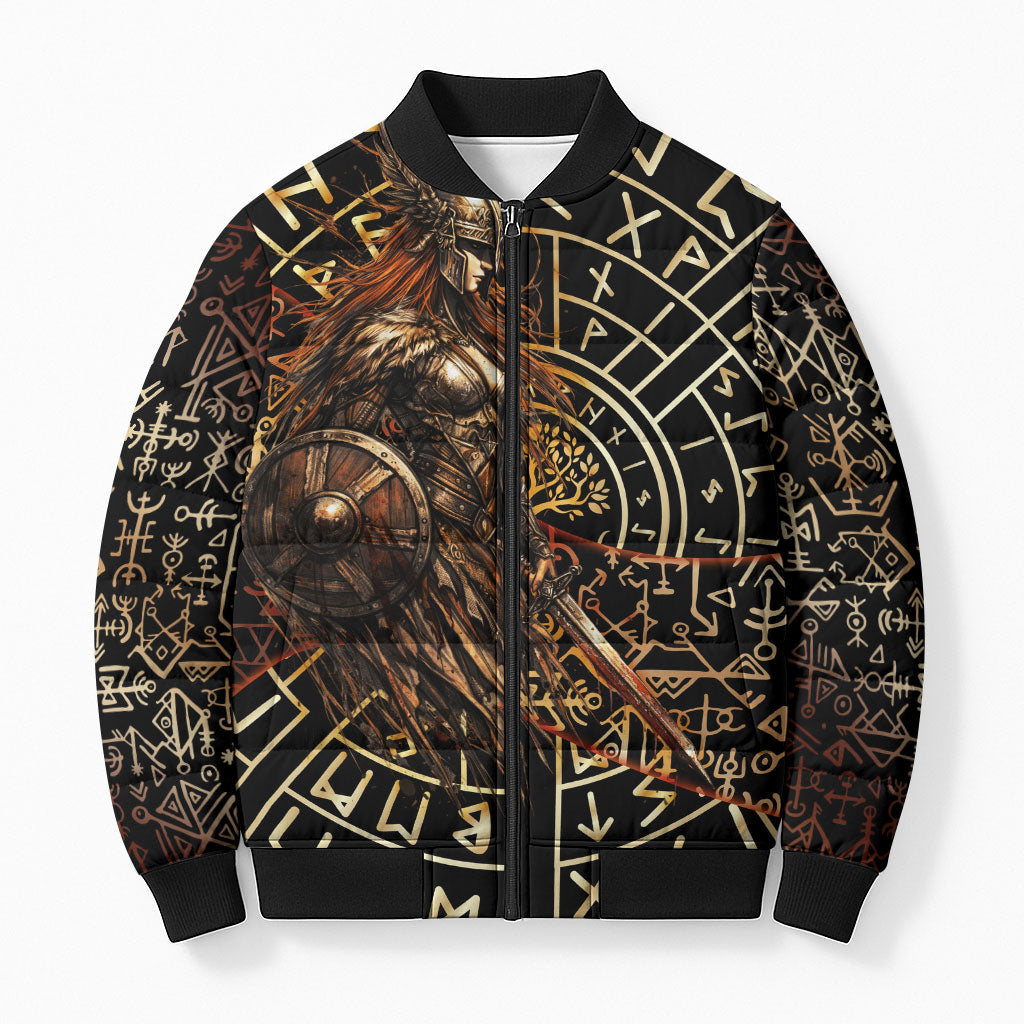 Viking Shieldmaiden and Yggdrasil Bomber Puffer Jacket Norse Rune Circle Mythology Illustration