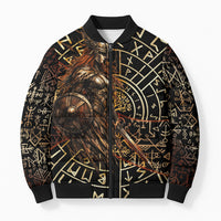 Viking Shieldmaiden and Yggdrasil Bomber Puffer Jacket Norse Rune Circle Mythology Illustration