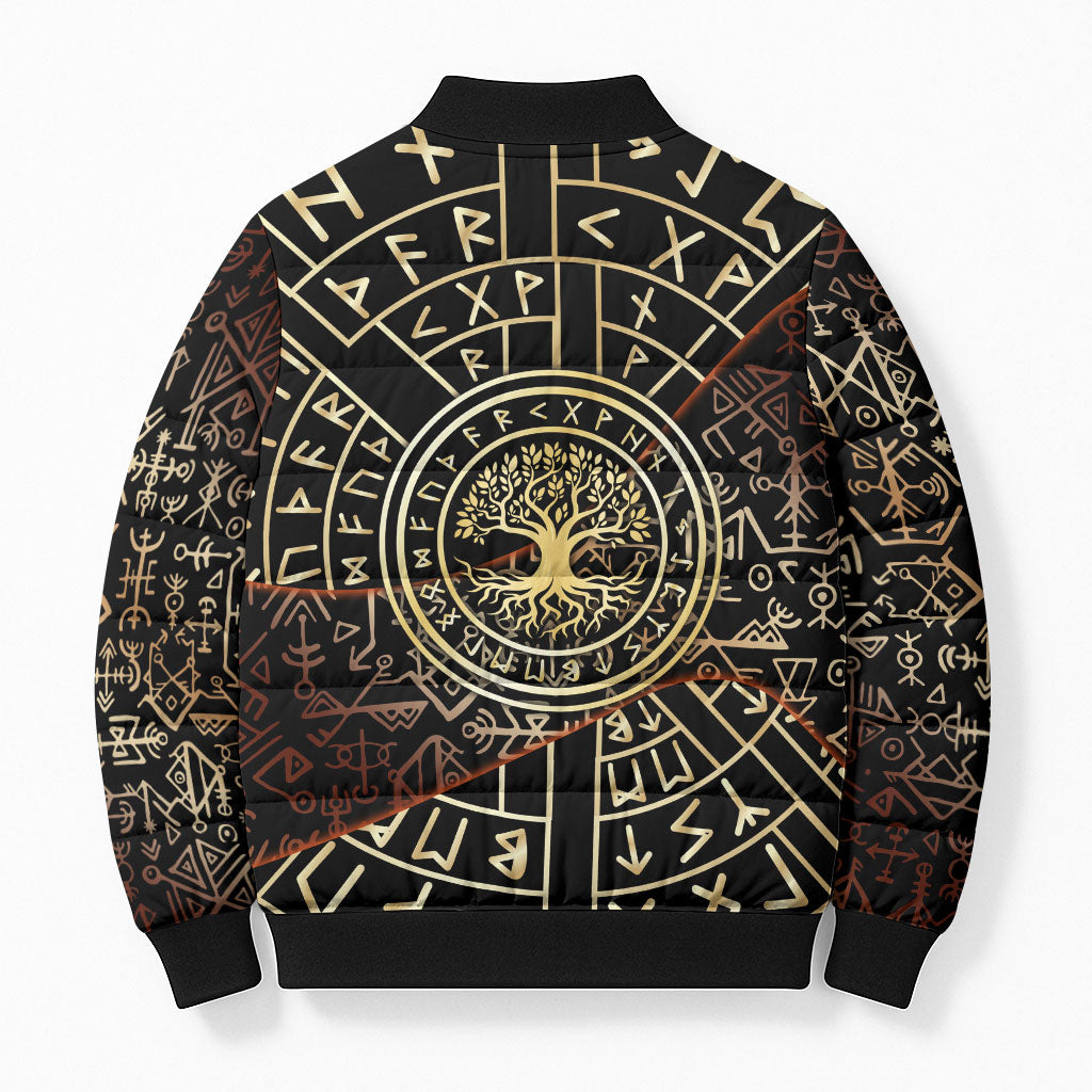 Viking Shieldmaiden and Yggdrasil Bomber Puffer Jacket Norse Rune Circle Mythology Illustration