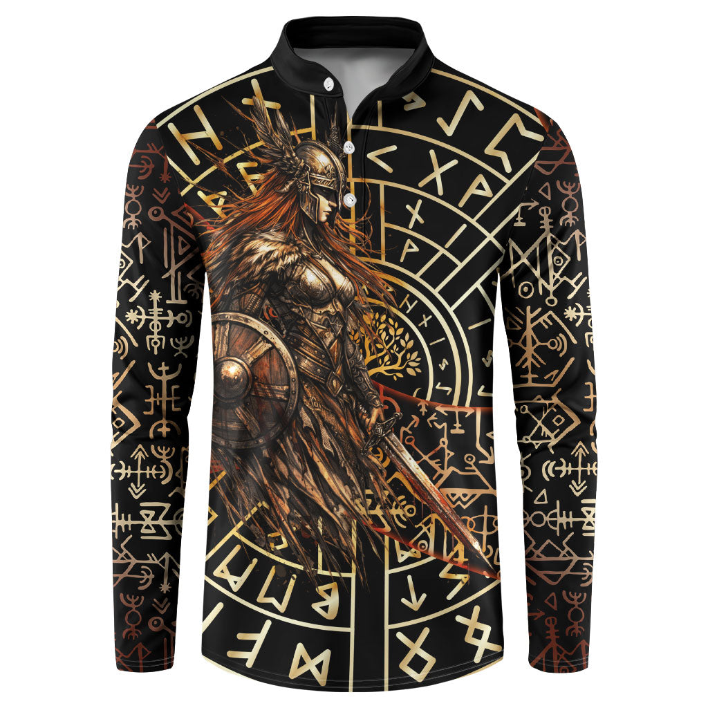 Viking Shieldmaiden and Yggdrasil Button Sweatshirt Norse Rune Circle Mythology Illustration