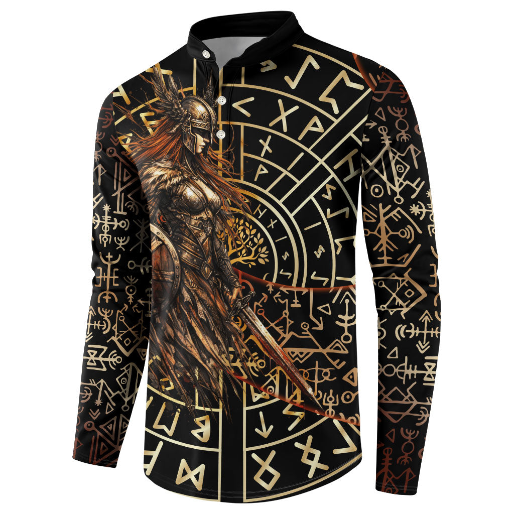 Viking Shieldmaiden and Yggdrasil Button Sweatshirt Norse Rune Circle Mythology Illustration
