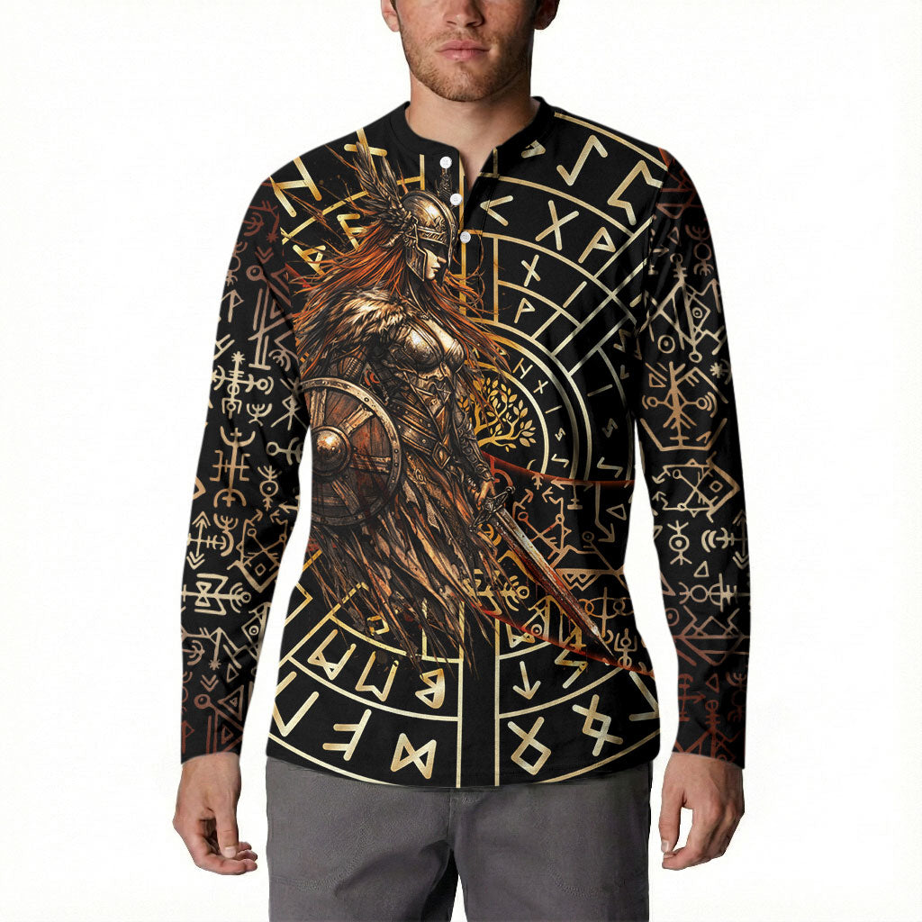 Viking Shieldmaiden and Yggdrasil Button Sweatshirt Norse Rune Circle Mythology Illustration