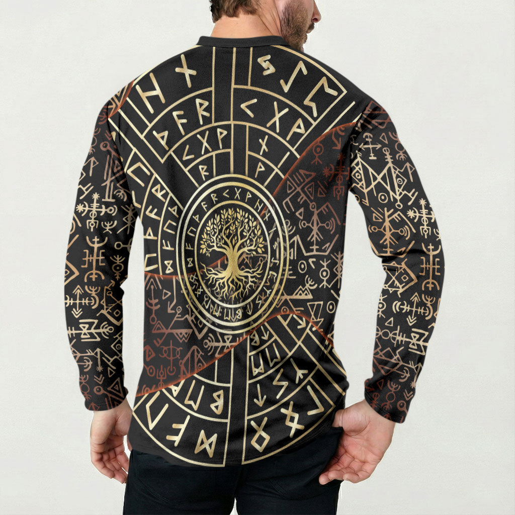 Viking Shieldmaiden and Yggdrasil Button Sweatshirt Norse Rune Circle Mythology Illustration