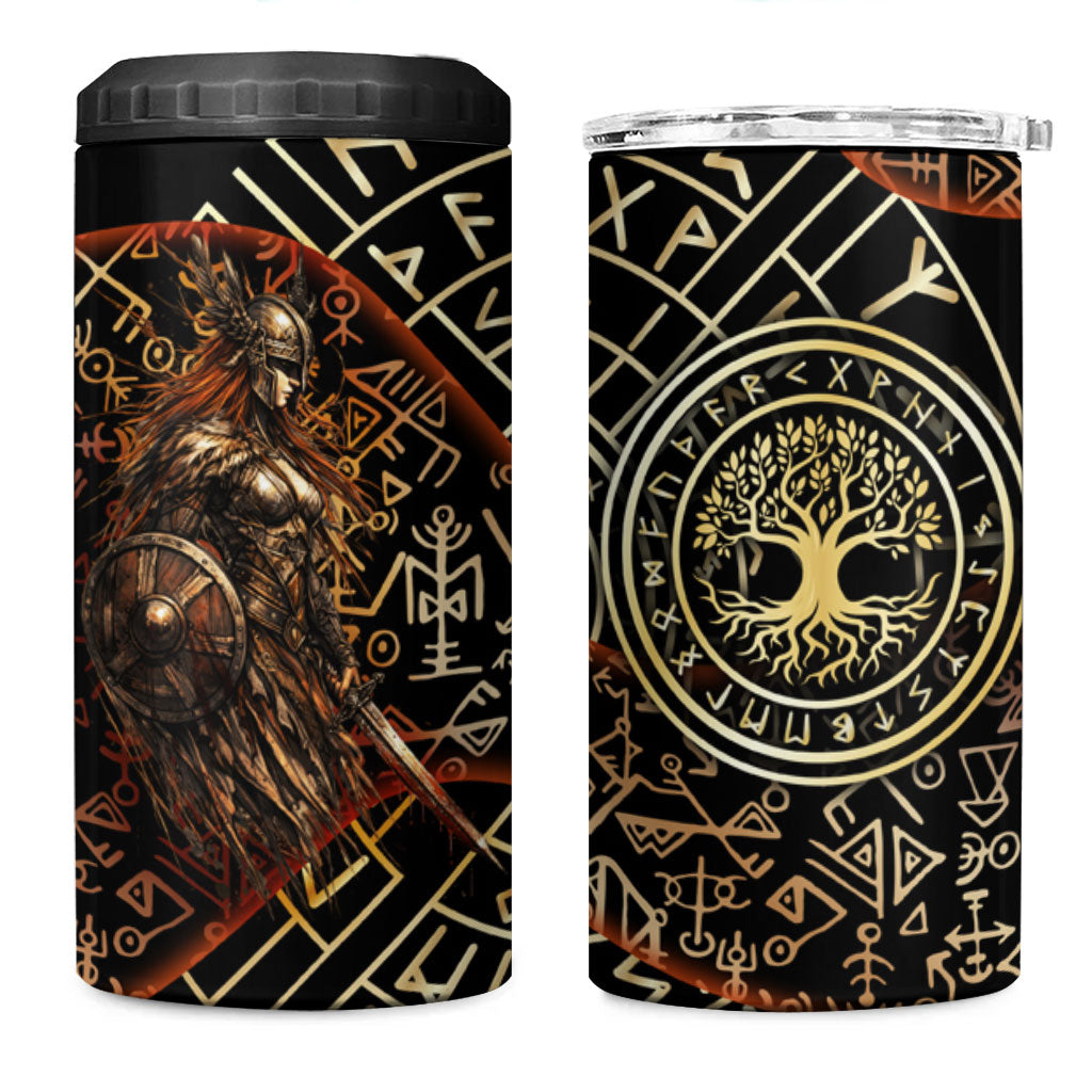 Viking Shieldmaiden and Yggdrasil 4 in 1 Can Cooler Tumbler Norse Rune Circle Mythology Illustration