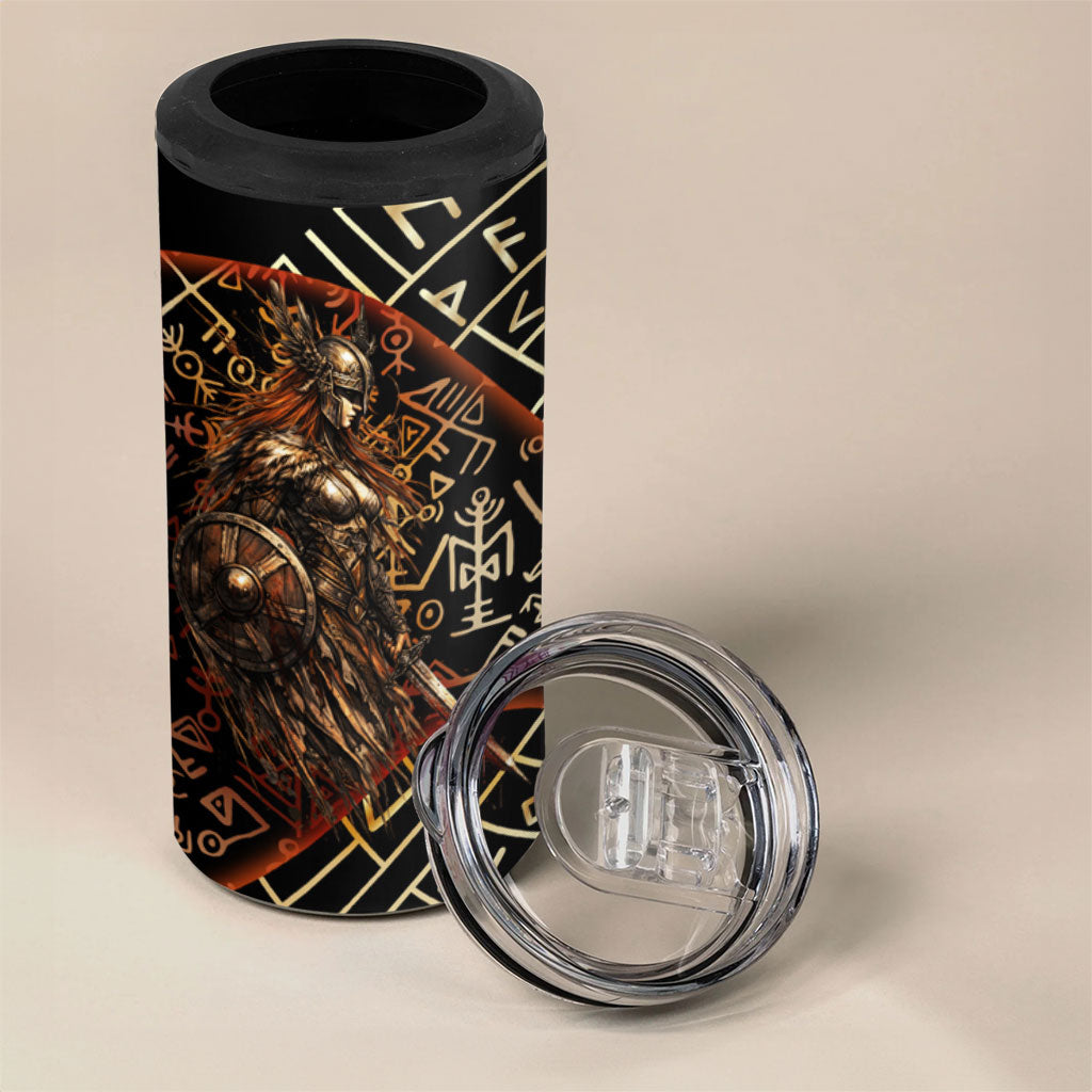 Viking Shieldmaiden and Yggdrasil 4 in 1 Can Cooler Tumbler Norse Rune Circle Mythology Illustration