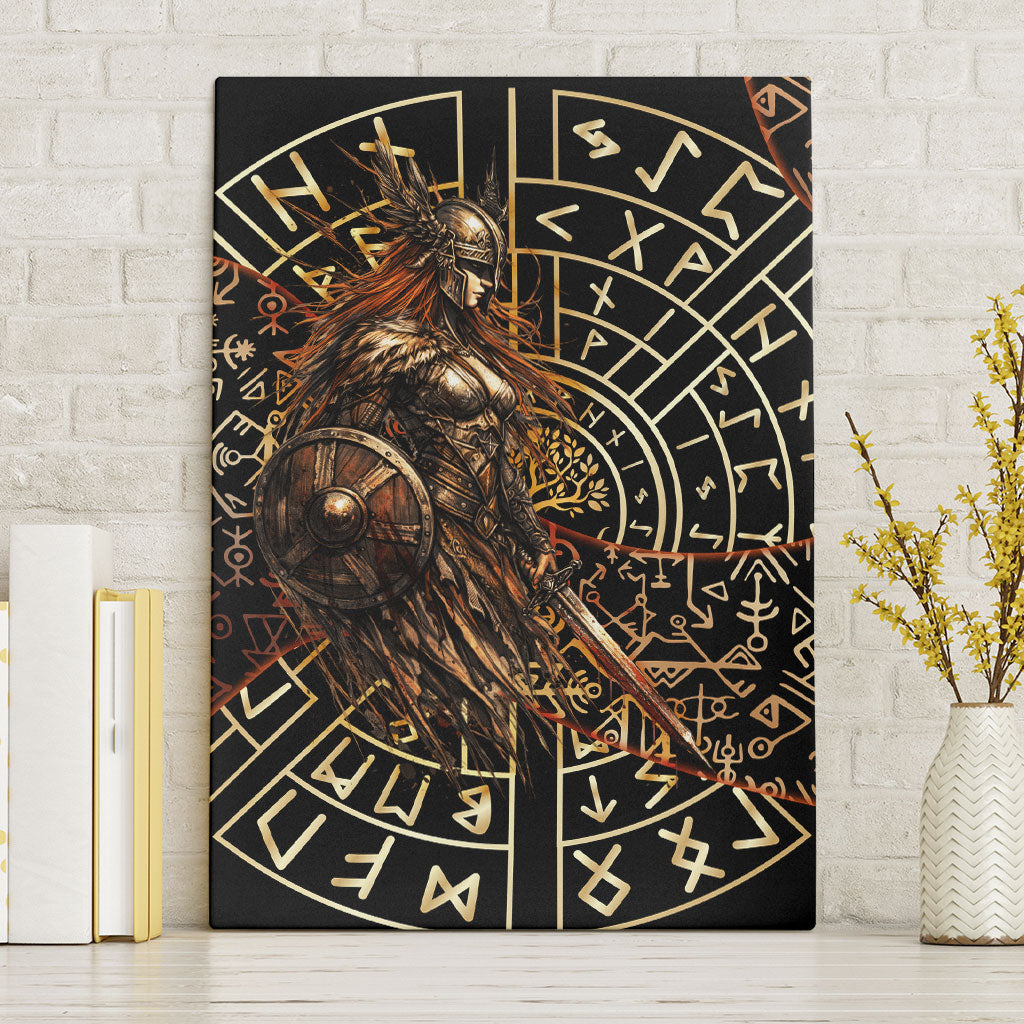 Viking Shieldmaiden and Yggdrasil Canvas Wall Art Norse Rune Circle Mythology Illustration