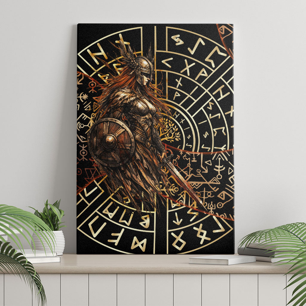 Viking Shieldmaiden and Yggdrasil Canvas Wall Art Norse Rune Circle Mythology Illustration