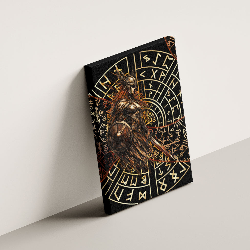 Viking Shieldmaiden and Yggdrasil Canvas Wall Art Norse Rune Circle Mythology Illustration