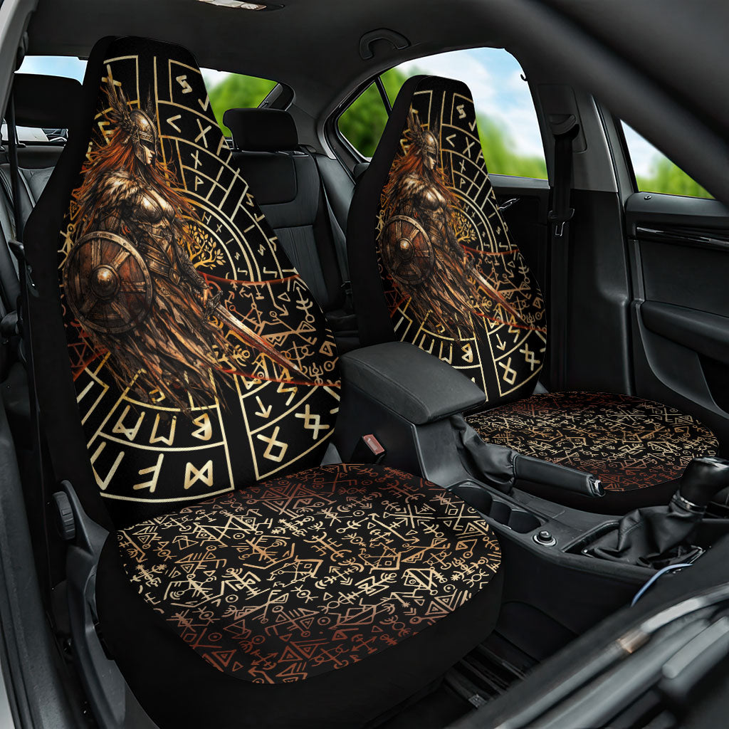 Viking Shieldmaiden and Yggdrasil Car Seat Cover Norse Rune Circle Mythology Illustration