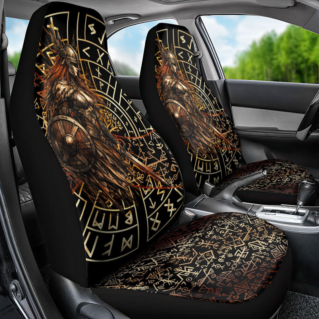 Viking Shieldmaiden and Yggdrasil Car Seat Cover Norse Rune Circle Mythology Illustration