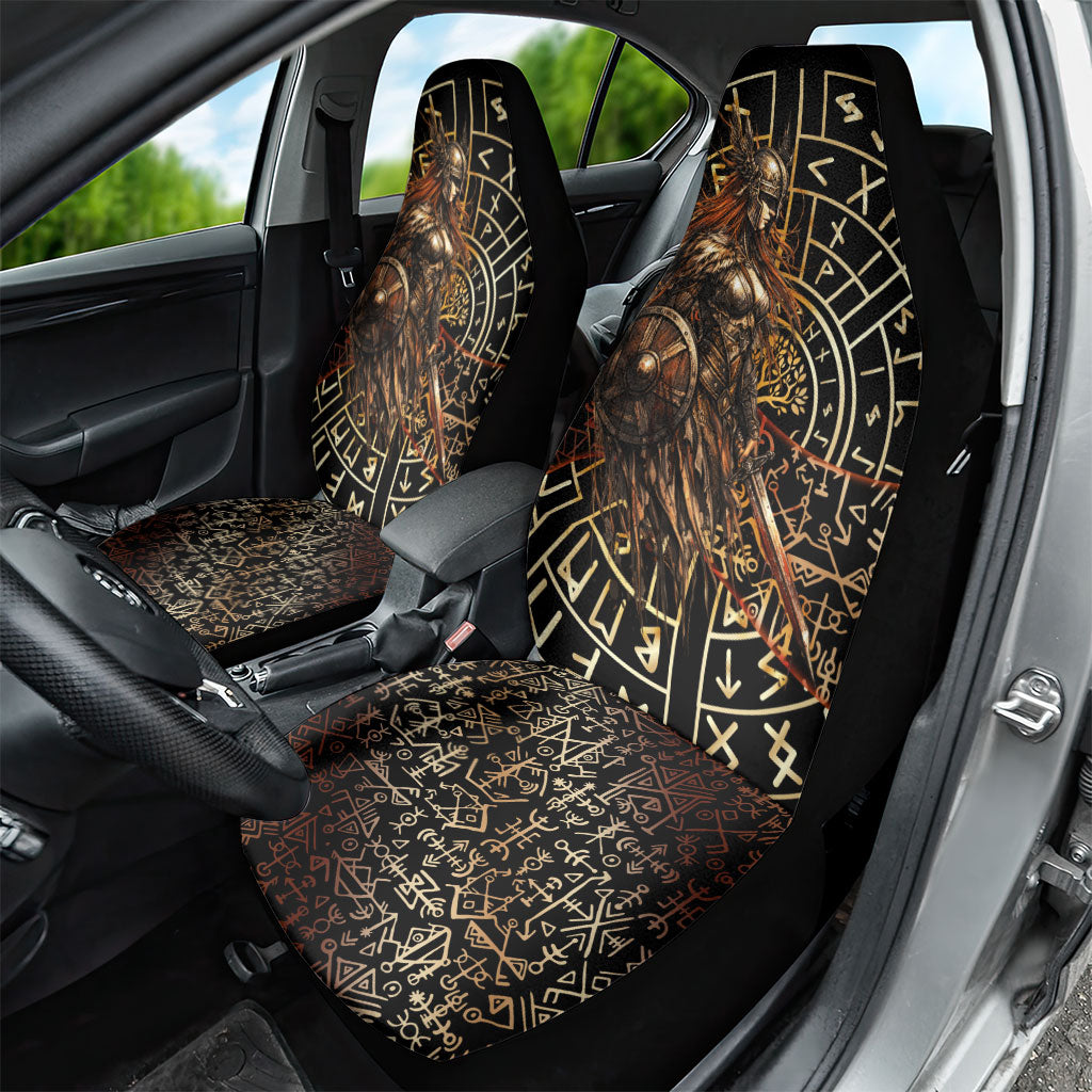 Viking Shieldmaiden and Yggdrasil Car Seat Cover Norse Rune Circle Mythology Illustration
