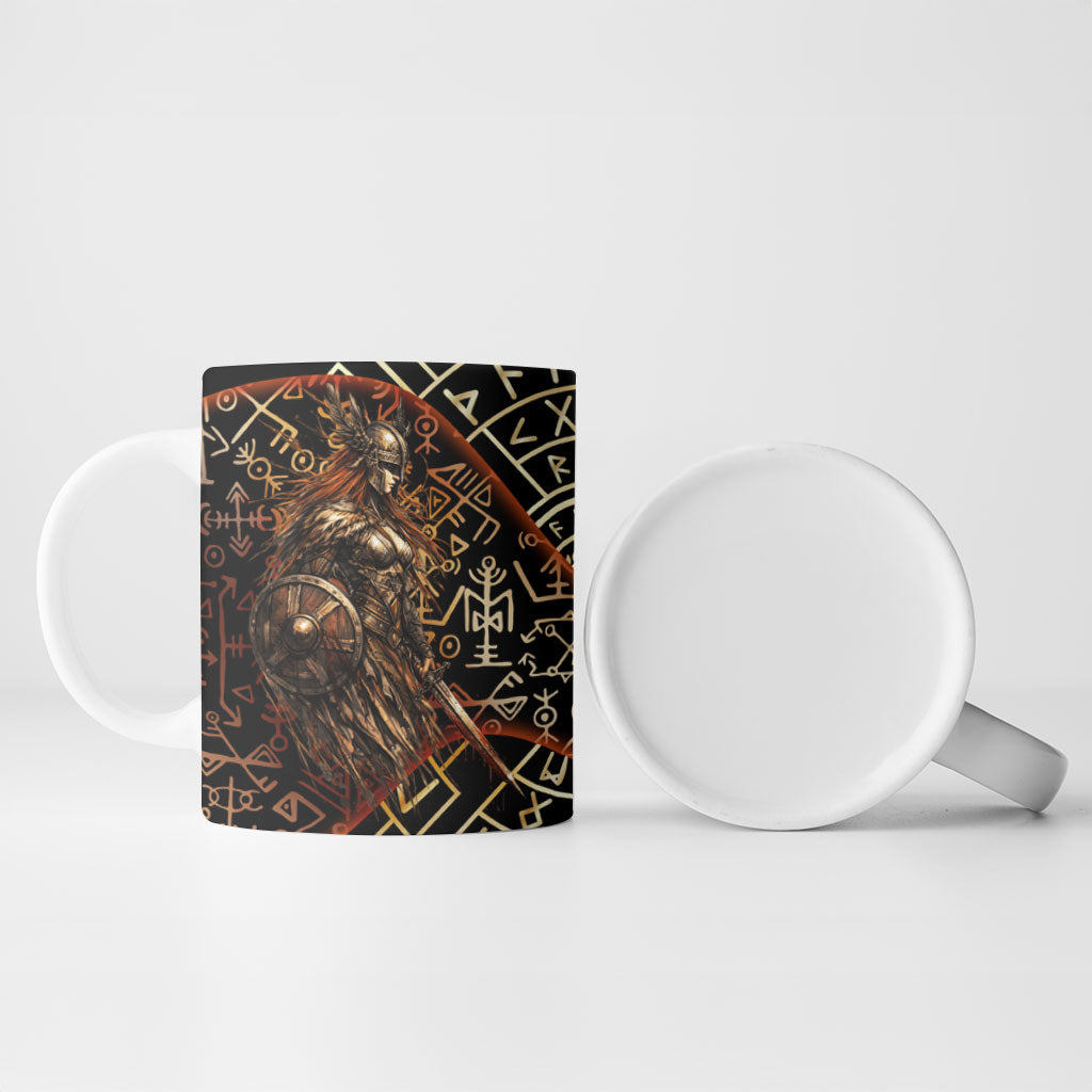 Viking Shieldmaiden and Yggdrasil Ceramic Mug Norse Rune Circle Mythology Illustration