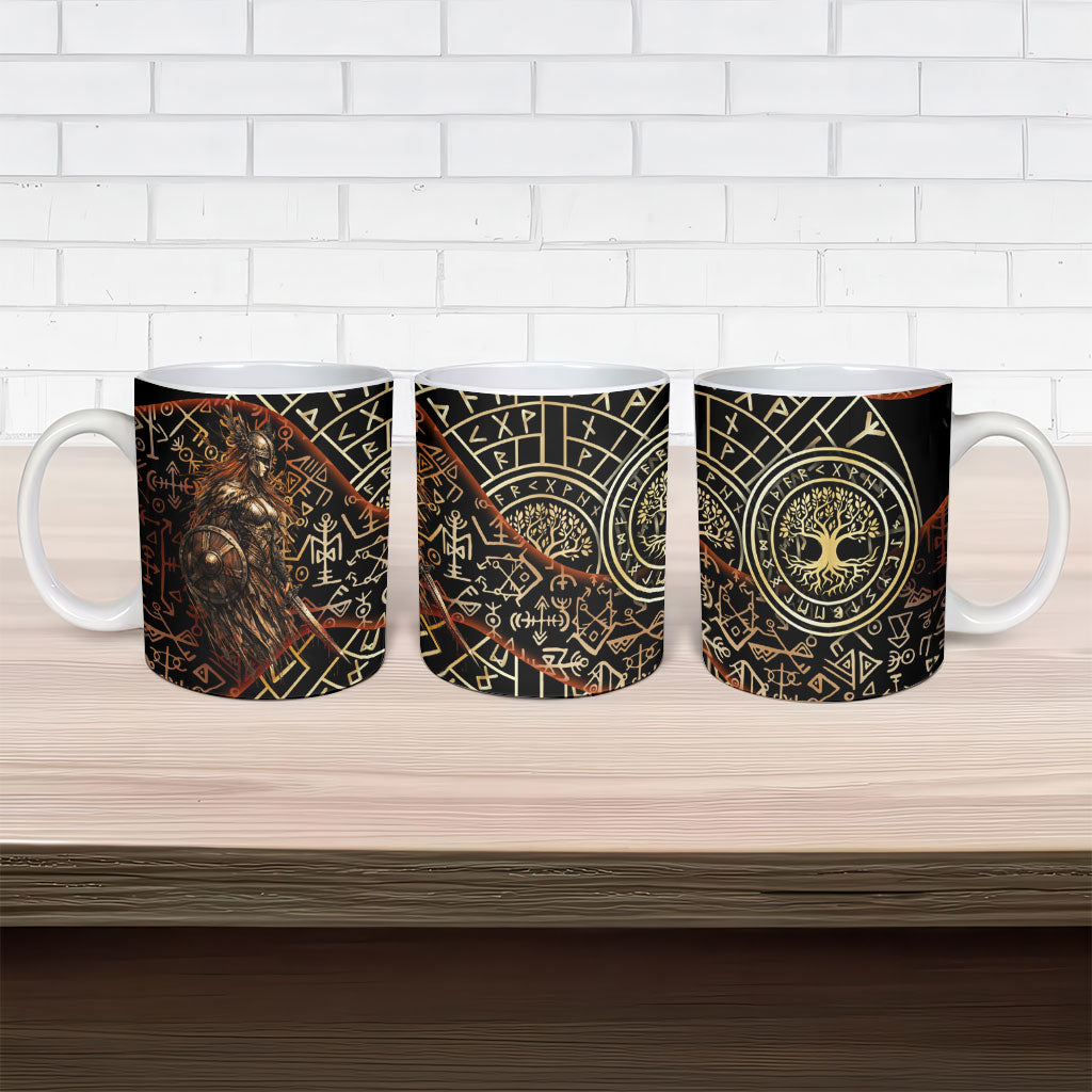 Viking Shieldmaiden and Yggdrasil Ceramic Mug Norse Rune Circle Mythology Illustration