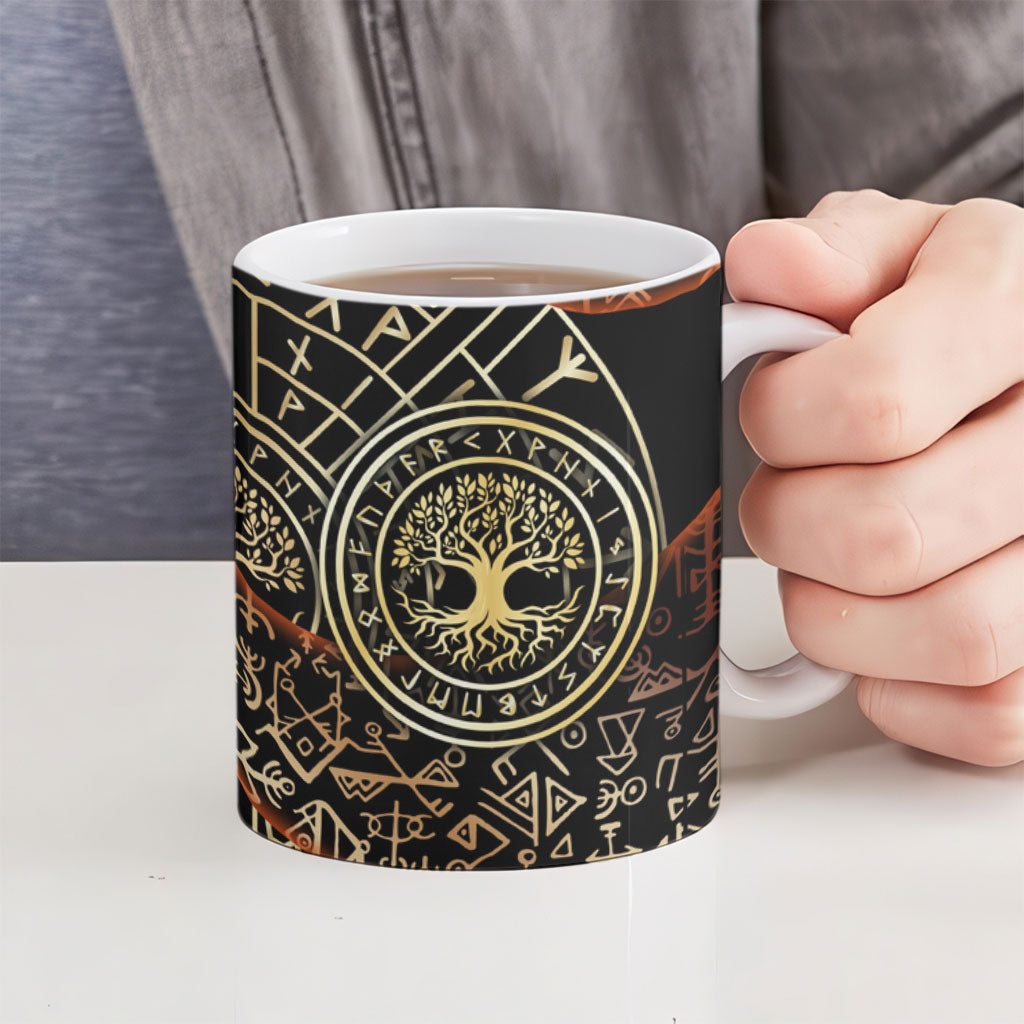Viking Shieldmaiden and Yggdrasil Ceramic Mug Norse Rune Circle Mythology Illustration