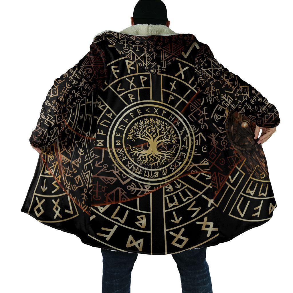 Viking Shieldmaiden and Yggdrasil Cloak Norse Rune Circle Mythology Illustration