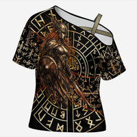 Viking Shieldmaiden and Yggdrasil Cross Shoulder Shirt Norse Rune Circle Mythology Illustration