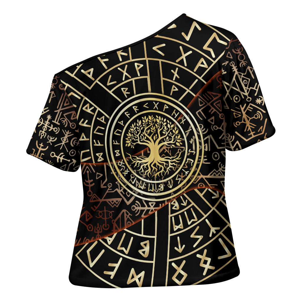 Viking Shieldmaiden and Yggdrasil Cross Shoulder Shirt Norse Rune Circle Mythology Illustration