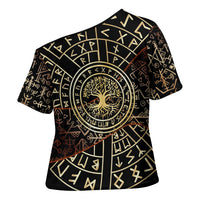 Viking Shieldmaiden and Yggdrasil Cross Shoulder Shirt Norse Rune Circle Mythology Illustration