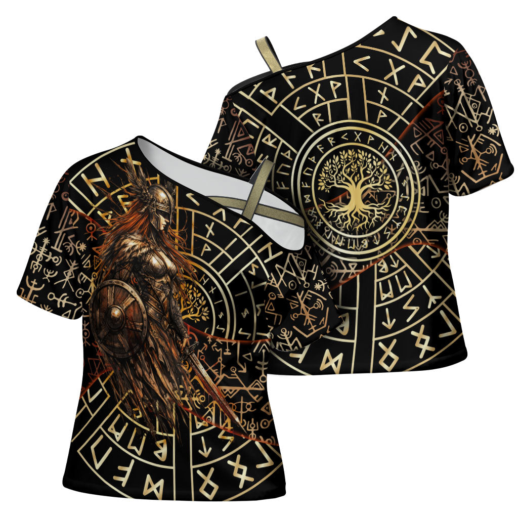 Viking Shieldmaiden and Yggdrasil Cross Shoulder Shirt Norse Rune Circle Mythology Illustration