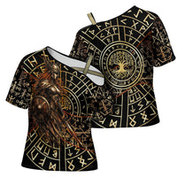 Viking Shieldmaiden and Yggdrasil Cross Shoulder Shirt Norse Rune Circle Mythology Illustration