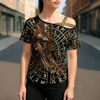 Viking Shieldmaiden and Yggdrasil Cross Shoulder Shirt Norse Rune Circle Mythology Illustration