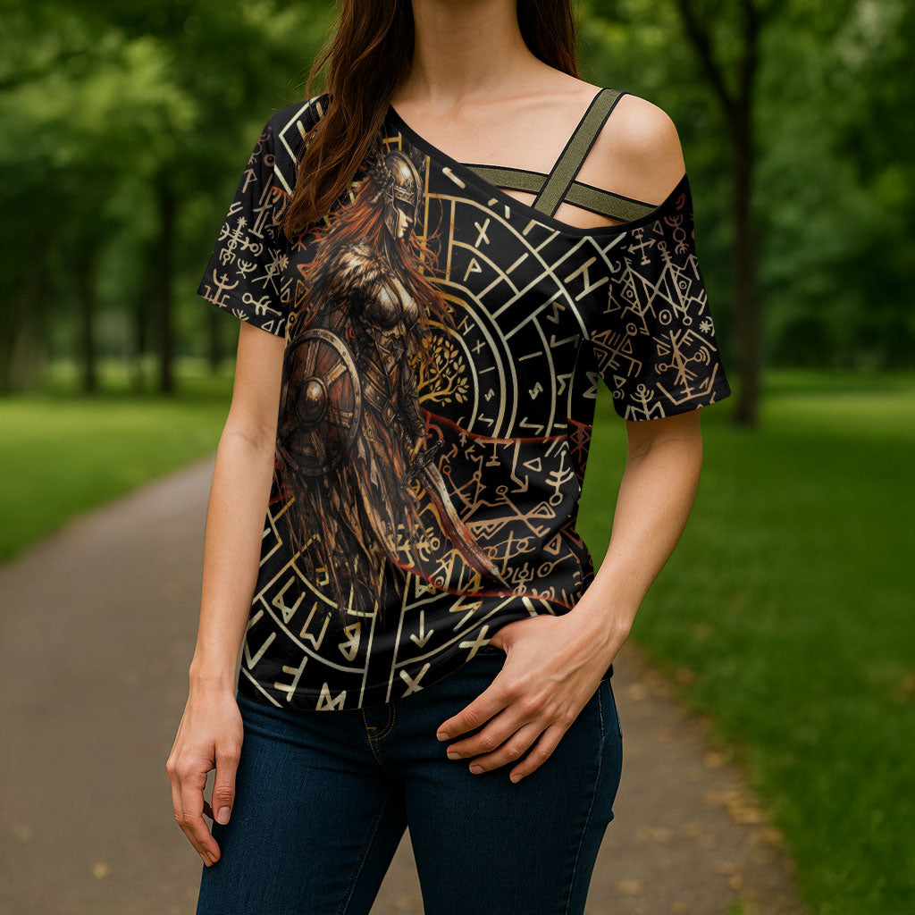 Viking Shieldmaiden and Yggdrasil Cross Shoulder Shirt Norse Rune Circle Mythology Illustration