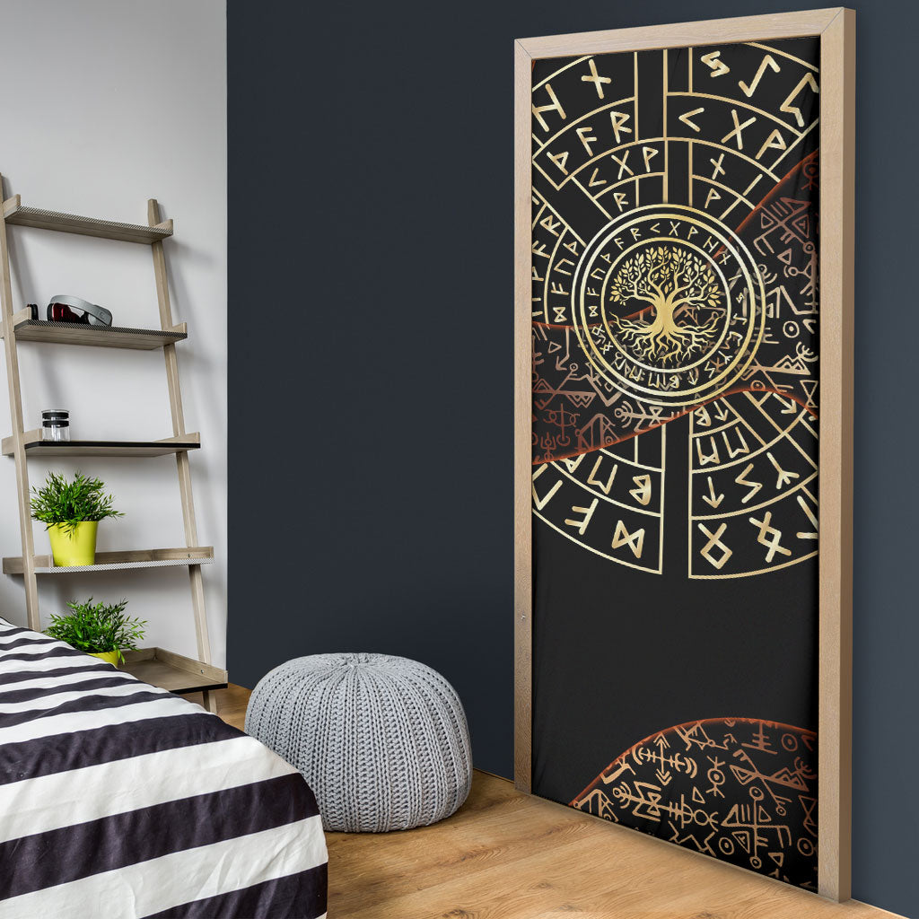 Viking Shieldmaiden and Yggdrasil Door Cover Norse Rune Circle Mythology Illustration
